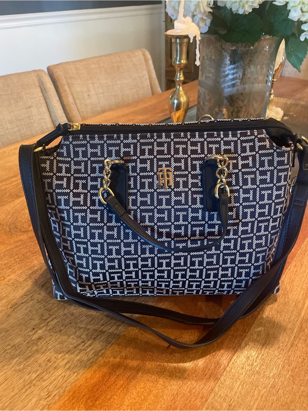 Tommy Hillfiger Monogram Pattern black and White Tote Bag with Gold Hardware